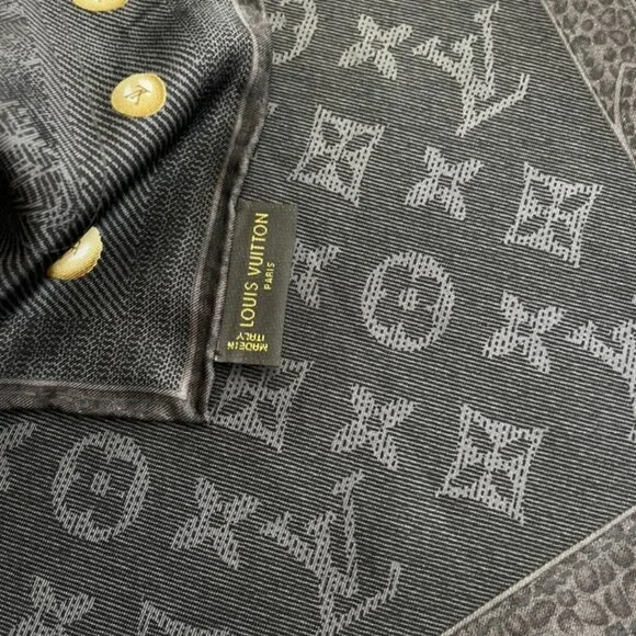 Louis Vuitton Scarf Monogram Denim Blask Gray Square Silk Wrap - Picture 7 of 16